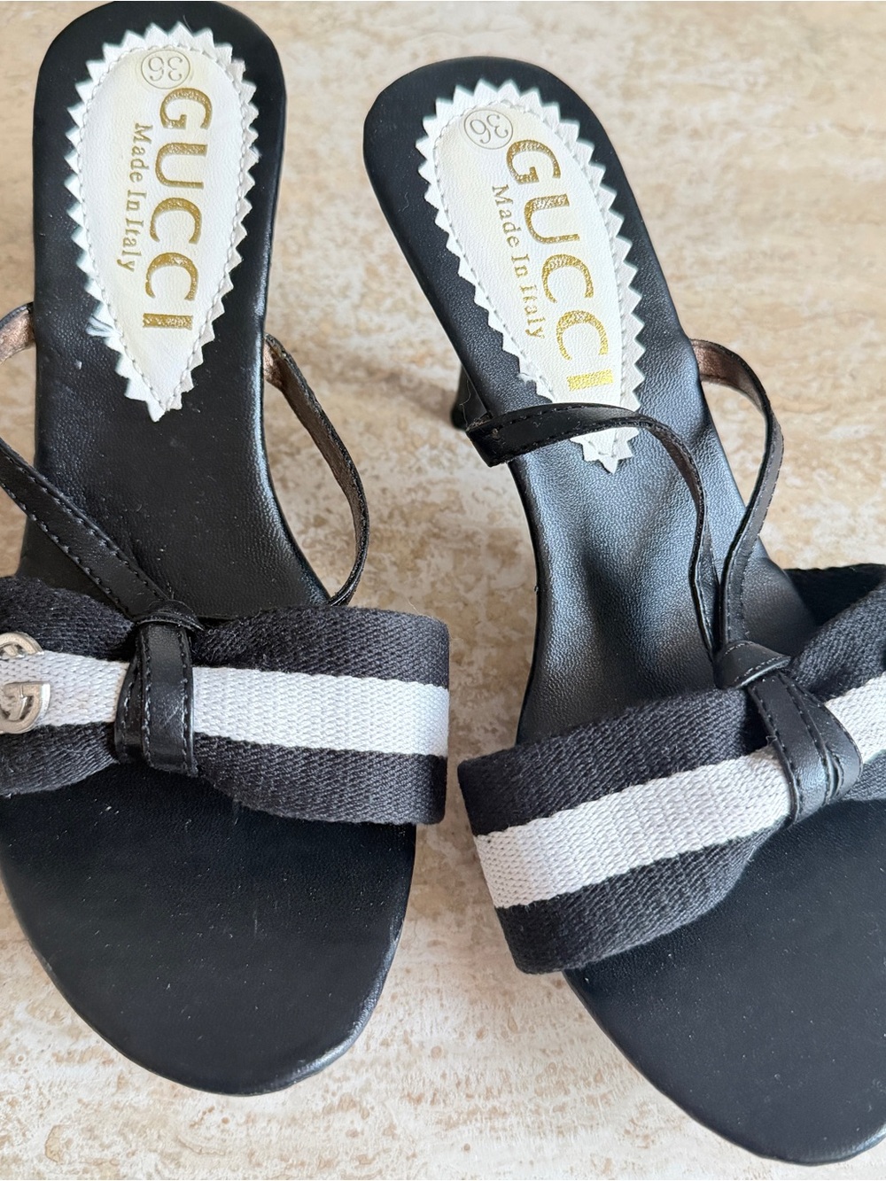 Gucci Black and White Striped Bow Slide Mules 5.5